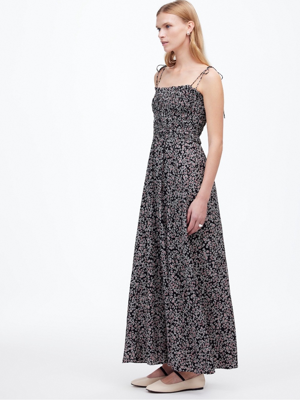 Madewell Black Floral Smocked Maxi Dress with Tie Straps